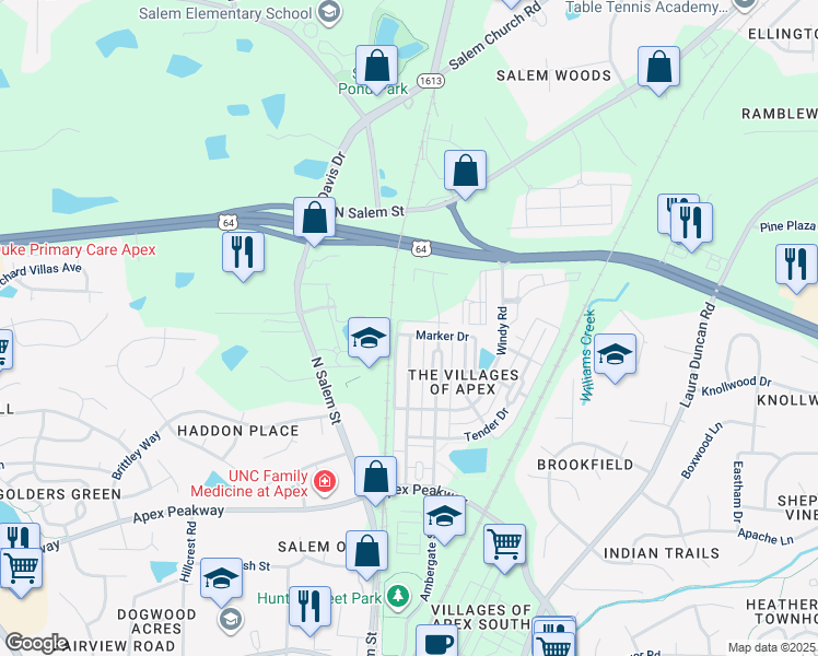 map of restaurants, bars, coffee shops, grocery stores, and more near 1182 Marker Drive in Apex