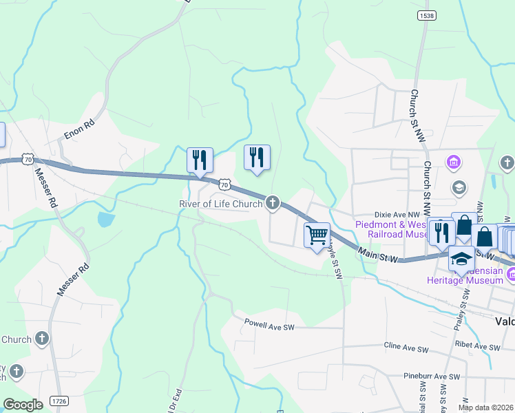 map of restaurants, bars, coffee shops, grocery stores, and more near 983 S Sterling St in Valdese