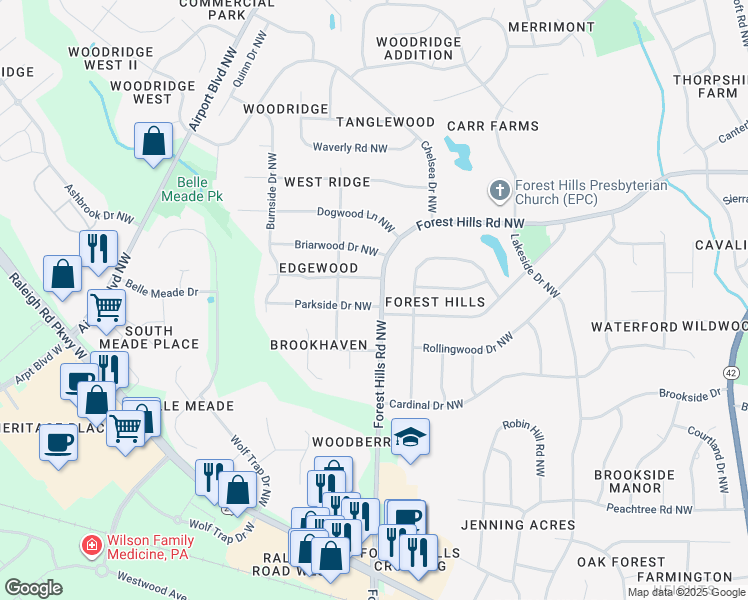 map of restaurants, bars, coffee shops, grocery stores, and more near 1501 Forest Hills Rd NW in Wilson