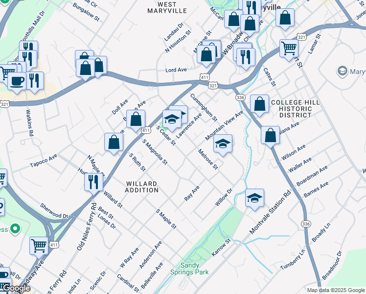 map of restaurants, bars, coffee shops, grocery stores, and more near 224 S Cedar St in Maryville
