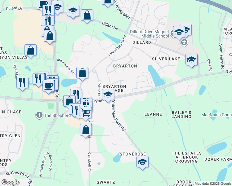 map of restaurants, bars, coffee shops, grocery stores, and more near 2605 Asher View Court in Raleigh