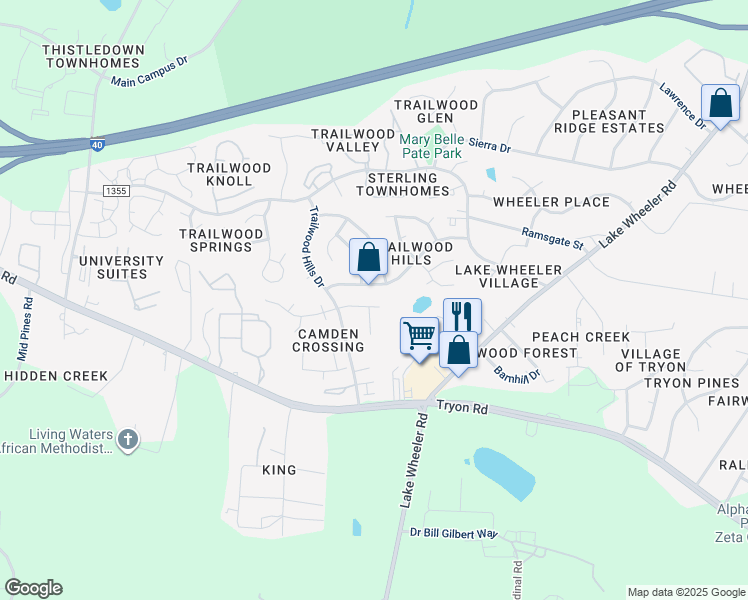 map of restaurants, bars, coffee shops, grocery stores, and more near 2632 Rainford Court in Raleigh