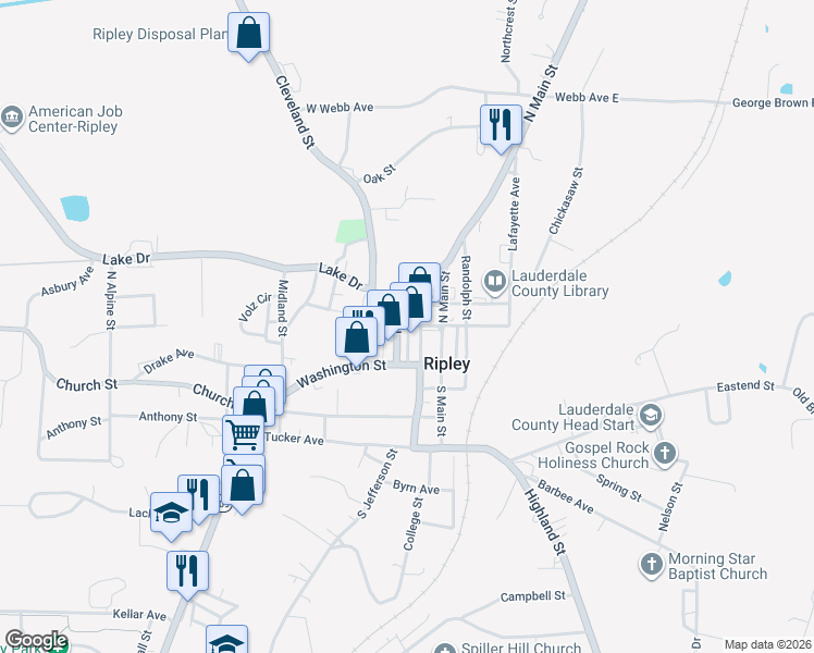 map of restaurants, bars, coffee shops, grocery stores, and more near 152 Monroe Street in Ripley