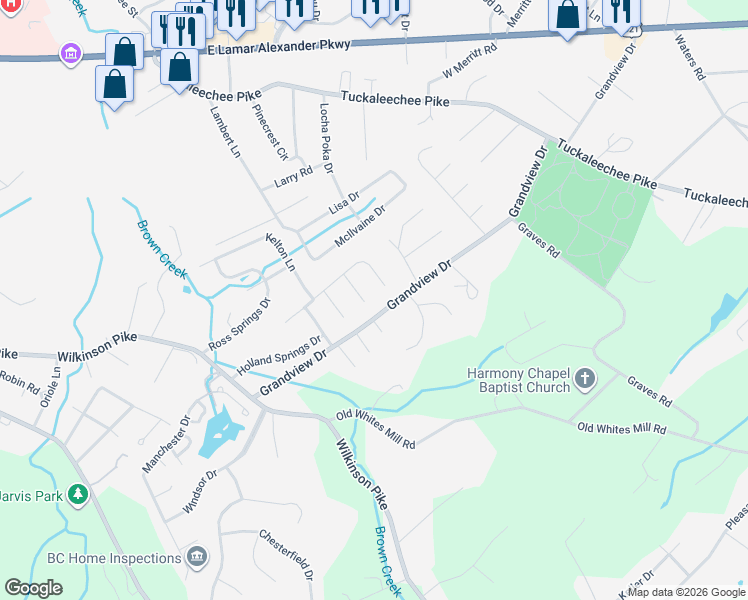 map of restaurants, bars, coffee shops, grocery stores, and more near 2125 Leah Lane in Maryville