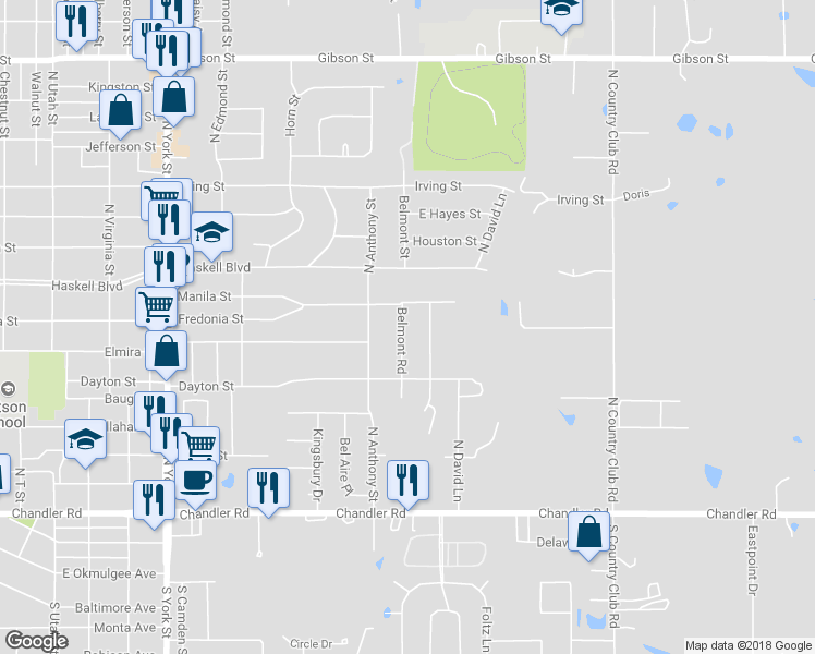 map of restaurants, bars, coffee shops, grocery stores, and more near 508 Belmont Road in Muskogee