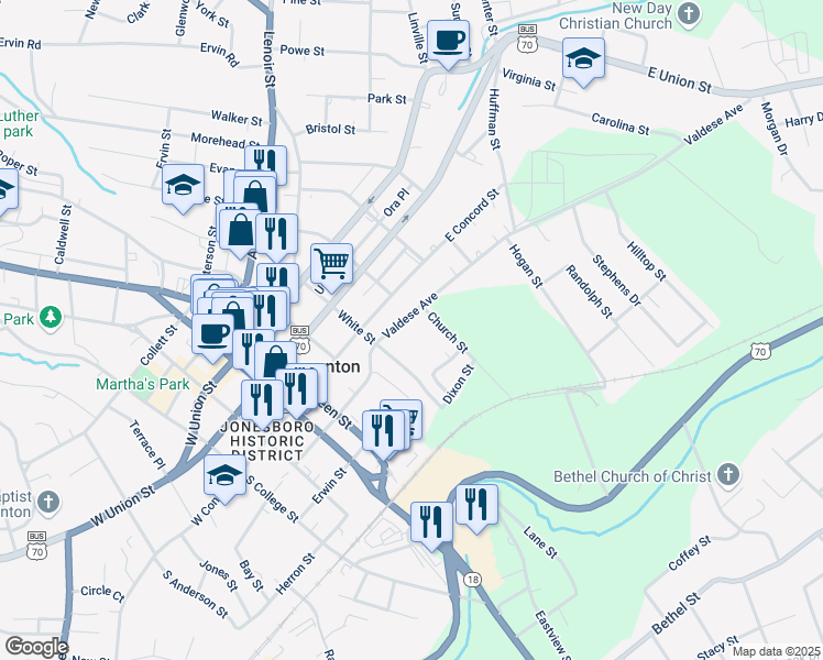 map of restaurants, bars, coffee shops, grocery stores, and more near 106 Valdese Avenue in Morganton