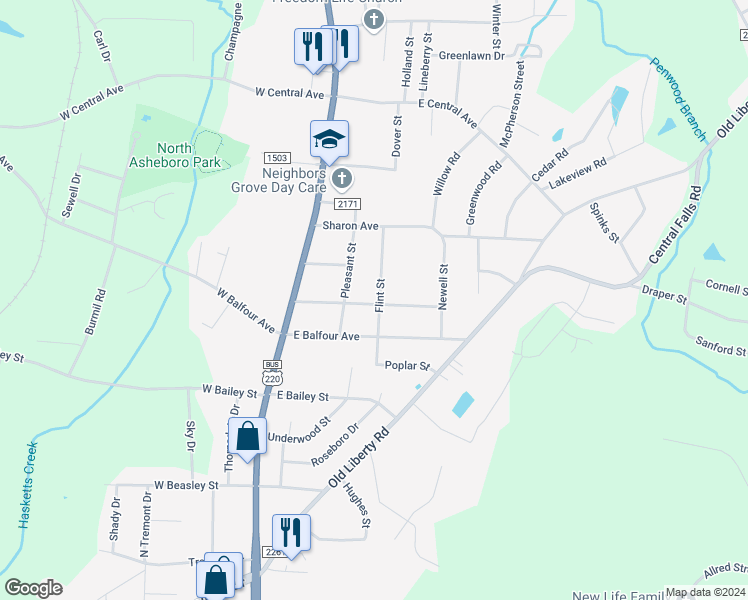 map of restaurants, bars, coffee shops, grocery stores, and more near 1801 Flint Street in Asheboro