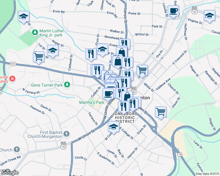 map of restaurants, bars, coffee shops, grocery stores, and more near 111 North Green Street in Morganton