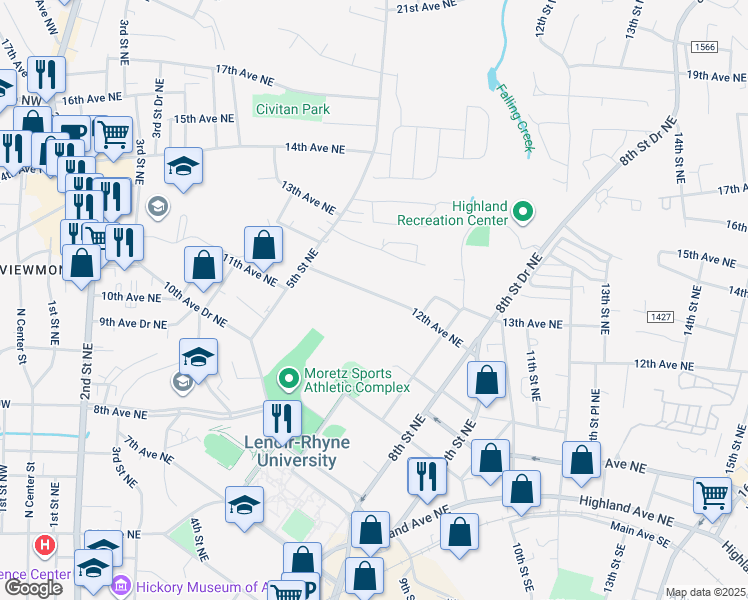 map of restaurants, bars, coffee shops, grocery stores, and more near 598 12th Avenue Northeast in Hickory