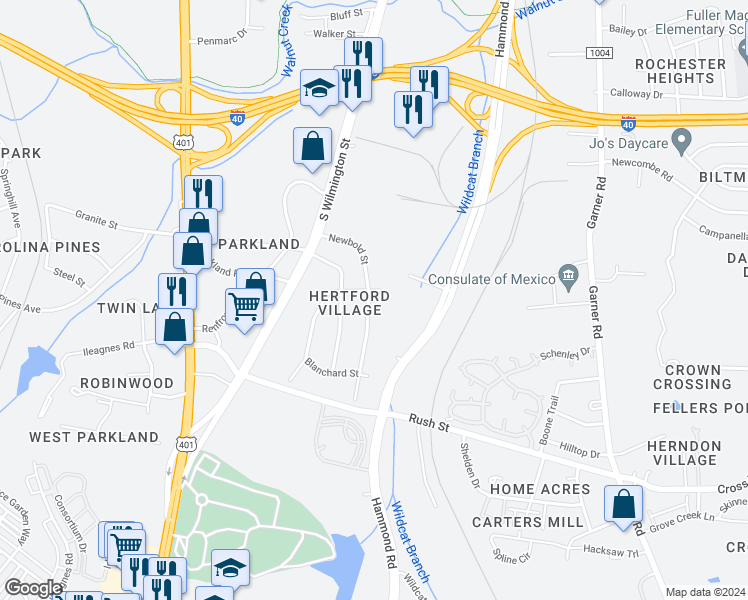 map of restaurants, bars, coffee shops, grocery stores, and more near 2705 Newbold Street in Raleigh