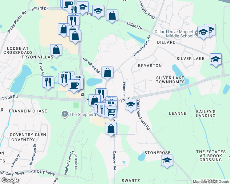 map of restaurants, bars, coffee shops, grocery stores, and more near 455 Kumar Court in Raleigh
