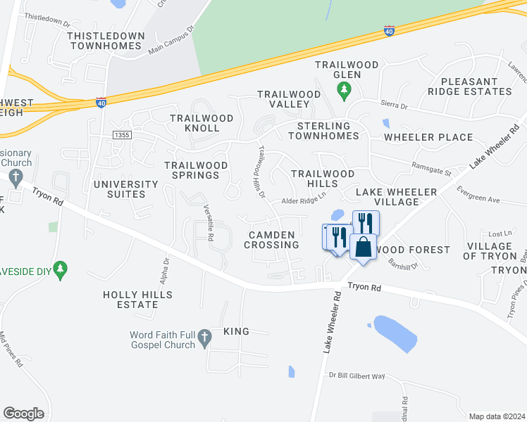 map of restaurants, bars, coffee shops, grocery stores, and more near 2400 Kentford Court in Raleigh