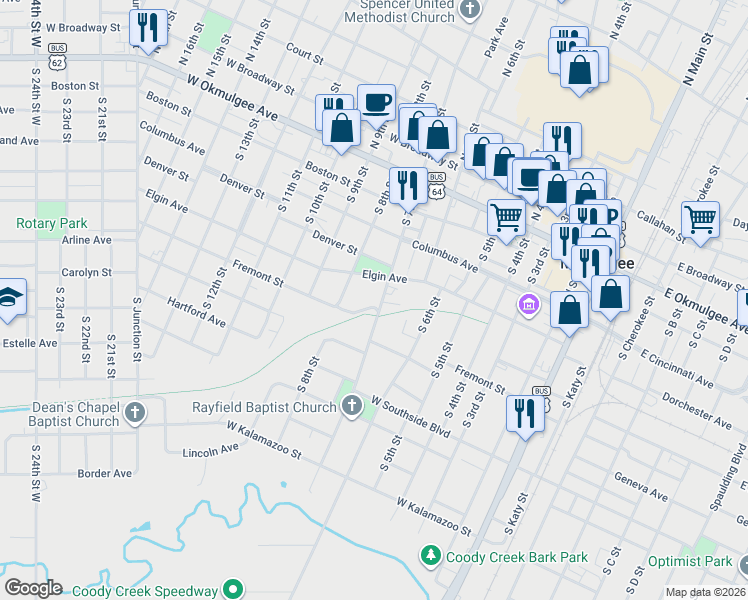 map of restaurants, bars, coffee shops, grocery stores, and more near 710 Fremont Avenue in Muskogee