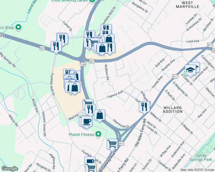 map of restaurants, bars, coffee shops, grocery stores, and more near 607 Watkins Road in Maryville