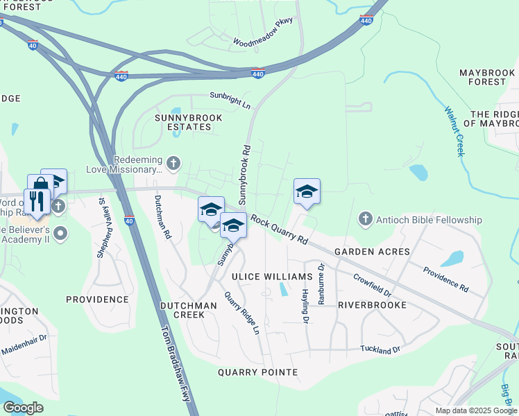 map of restaurants, bars, coffee shops, grocery stores, and more near 2425 Sunnybrook Road in Raleigh