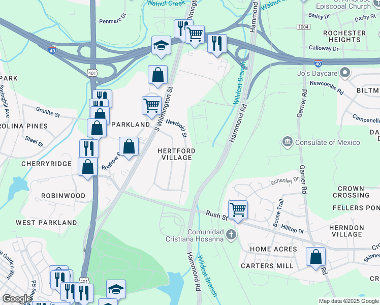 map of restaurants, bars, coffee shops, grocery stores, and more near 2705 Newbold Street in Raleigh