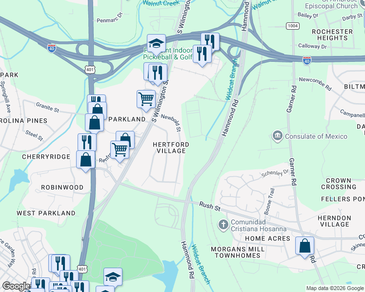 map of restaurants, bars, coffee shops, grocery stores, and more near 2709 Newbold Street in Raleigh