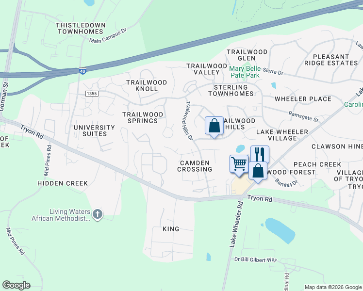 map of restaurants, bars, coffee shops, grocery stores, and more near 2405 Newby Court in Raleigh