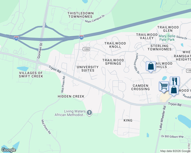 map of restaurants, bars, coffee shops, grocery stores, and more near 3210 Tropical Sky Lane in Raleigh
