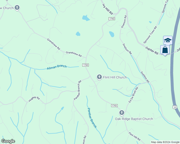 map of restaurants, bars, coffee shops, grocery stores, and more near 9999 Flint Hill Road in Alexander