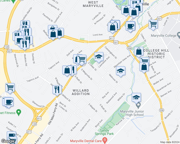map of restaurants, bars, coffee shops, grocery stores, and more near 211 South Cedar Street in Maryville