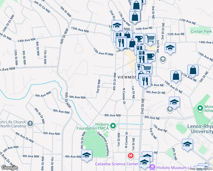 map of restaurants, bars, coffee shops, grocery stores, and more near 215 11th Avenue Northwest in Hickory