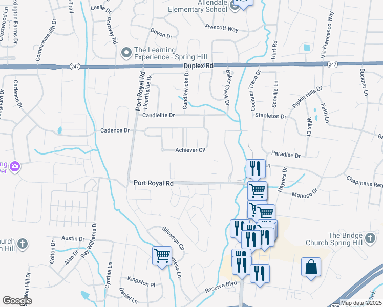 map of restaurants, bars, coffee shops, grocery stores, and more near 1077 Achiever Circle in Spring Hill