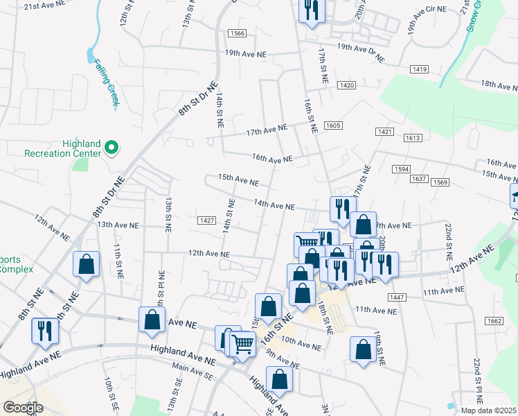 map of restaurants, bars, coffee shops, grocery stores, and more near 1440 14th Avenue Northeast in Hickory