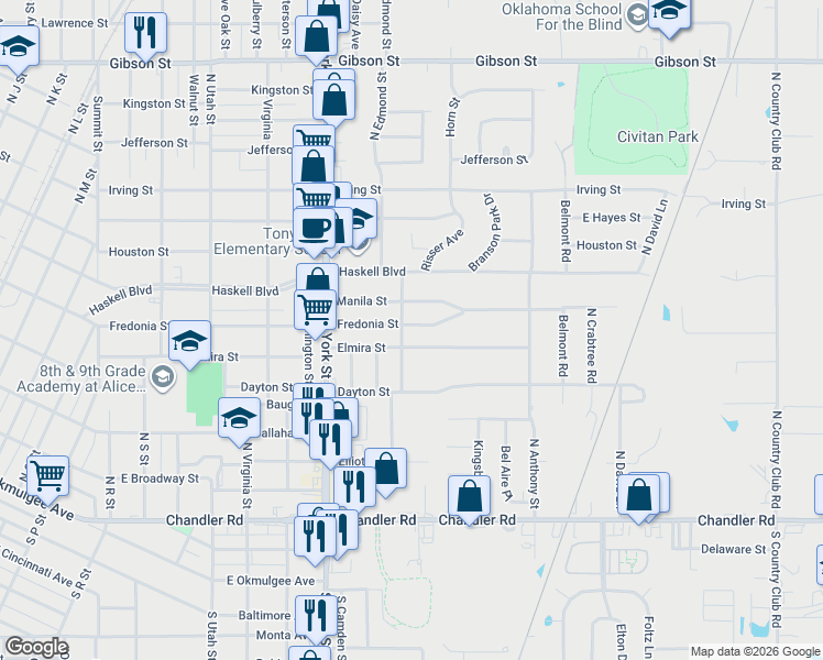 map of restaurants, bars, coffee shops, grocery stores, and more near 2403 Fredonia Street in Muskogee