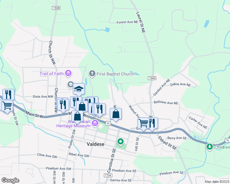 map of restaurants, bars, coffee shops, grocery stores, and more near 502 Italy Street Northeast in Valdese
