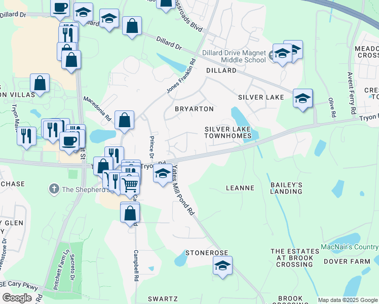 map of restaurants, bars, coffee shops, grocery stores, and more near 2547 Asher View Court in Raleigh