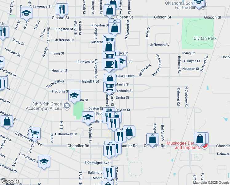 map of restaurants, bars, coffee shops, grocery stores, and more near 2313 Fredonia Street in Muskogee