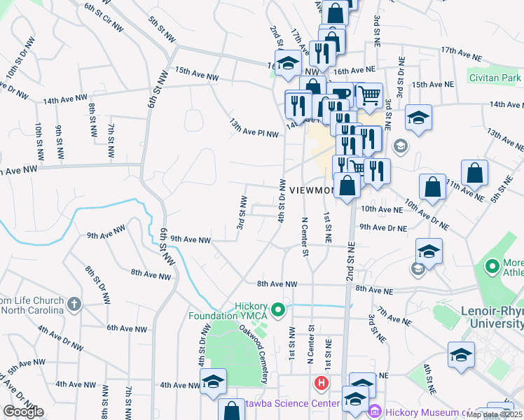 map of restaurants, bars, coffee shops, grocery stores, and more near 215 11th Avenue Northwest in Hickory