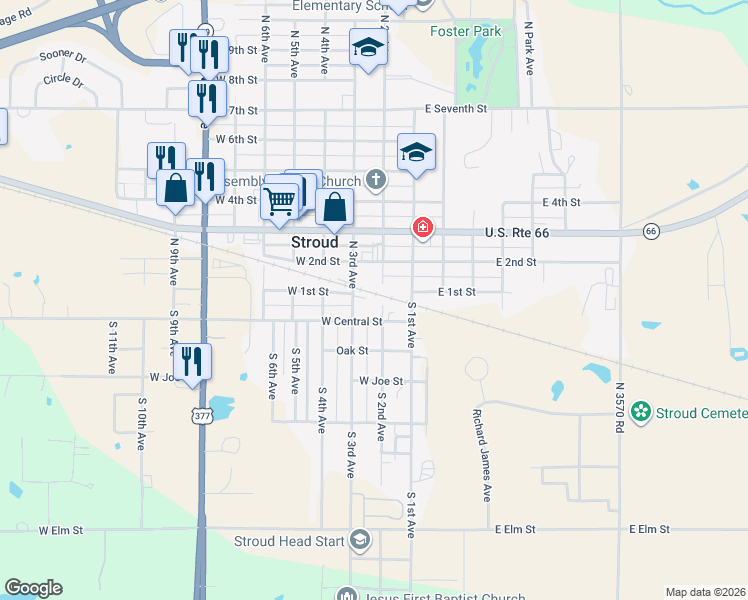 map of restaurants, bars, coffee shops, grocery stores, and more near 200 North 1st Avenue in Stroud