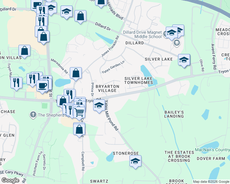 map of restaurants, bars, coffee shops, grocery stores, and more near 2605 Asher View Court in Raleigh