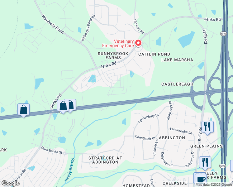 map of restaurants, bars, coffee shops, grocery stores, and more near 2546 Hutch Lane in Apex