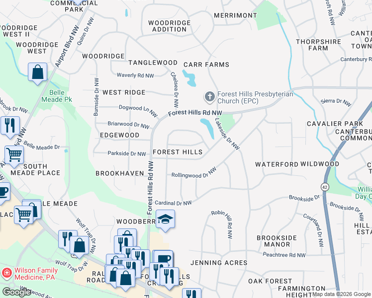 map of restaurants, bars, coffee shops, grocery stores, and more near 1109 Riviera Drive Northwest in Wilson