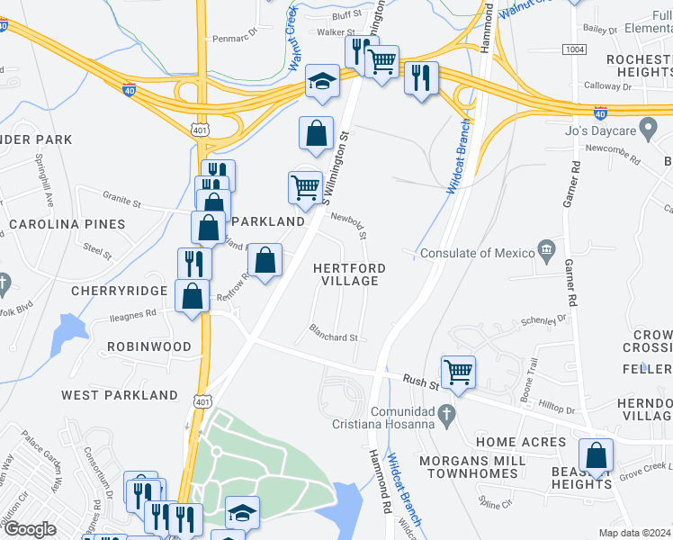 map of restaurants, bars, coffee shops, grocery stores, and more near 2701 Knowles Street in Raleigh