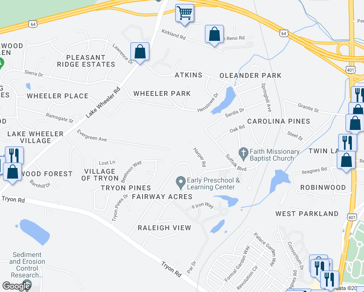 map of restaurants, bars, coffee shops, grocery stores, and more near 1121 Harper Road in Raleigh