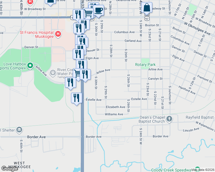 map of restaurants, bars, coffee shops, grocery stores, and more near 720 South 29th Street in Muskogee