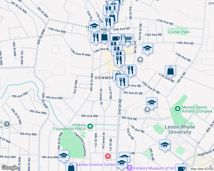 map of restaurants, bars, coffee shops, grocery stores, and more near 1025 1st Street Northeast in Hickory