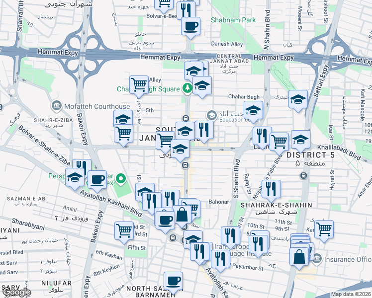 map of restaurants, bars, coffee shops, grocery stores, and more near South Jannat Abad Boulevard in Tehran