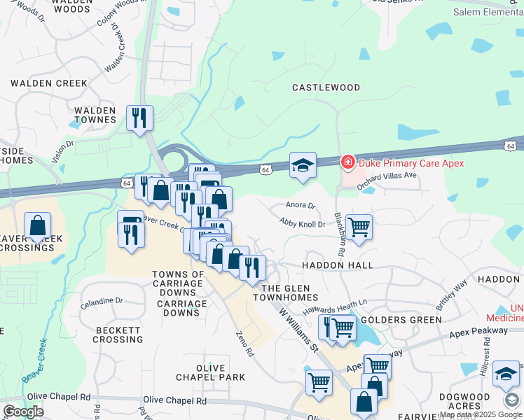 map of restaurants, bars, coffee shops, grocery stores, and more near 2113 Abby Knoll Drive in Apex