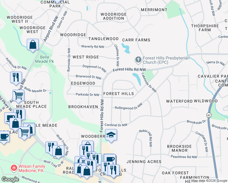 map of restaurants, bars, coffee shops, grocery stores, and more near 1132 Knollwood Drive Northwest in Wilson