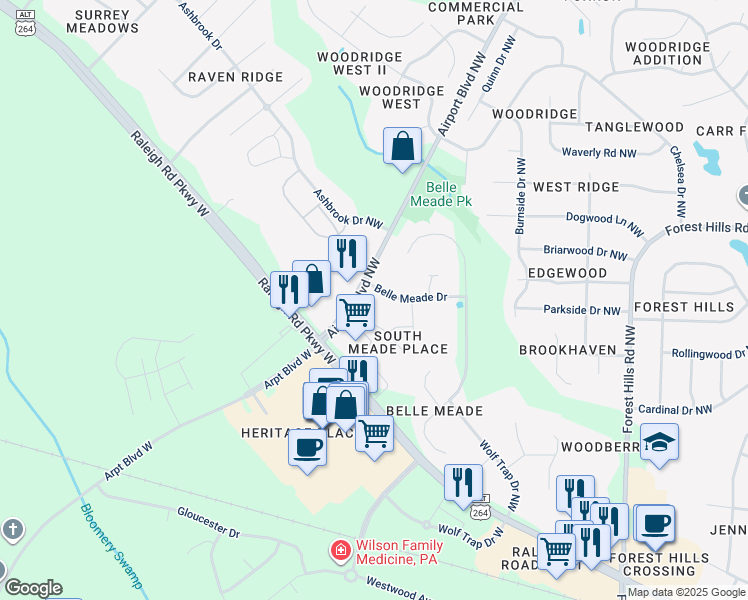 map of restaurants, bars, coffee shops, grocery stores, and more near 3413 Belle Meade Drive in Wilson
