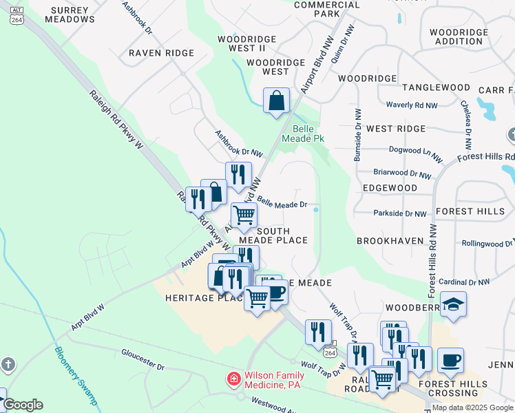 map of restaurants, bars, coffee shops, grocery stores, and more near 3413 Belle Meade Drive in Wilson