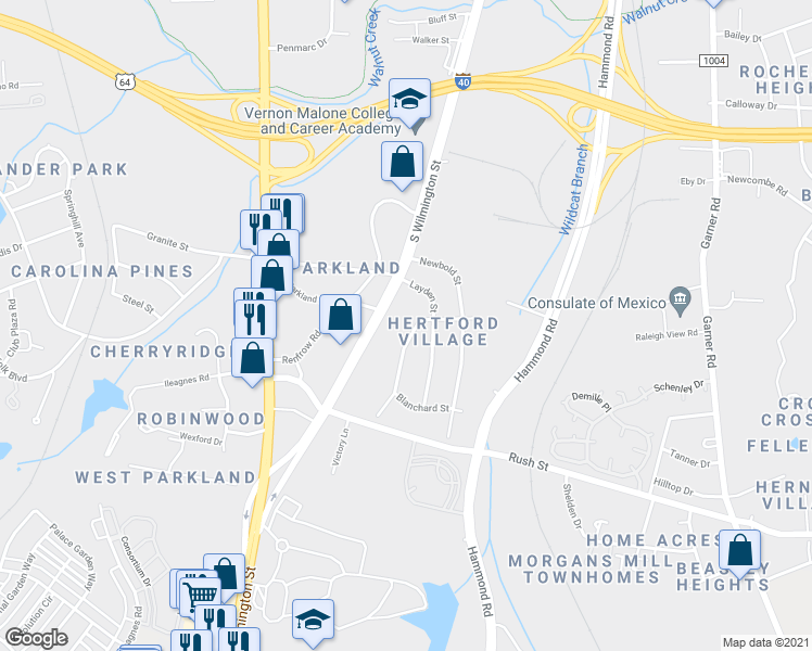 map of restaurants, bars, coffee shops, grocery stores, and more near 2720 Knowles Street in Raleigh