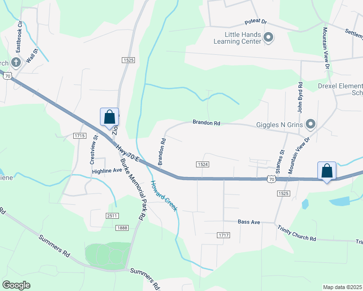 map of restaurants, bars, coffee shops, grocery stores, and more near 3096 Brandon Road in Morganton
