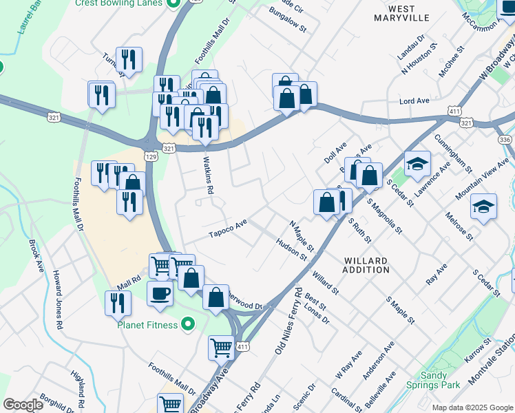 map of restaurants, bars, coffee shops, grocery stores, and more near 1207 Tapoco Avenue in Maryville