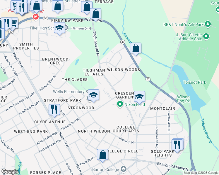 map of restaurants, bars, coffee shops, grocery stores, and more near 1600 Dartmore Drive North in Wilson